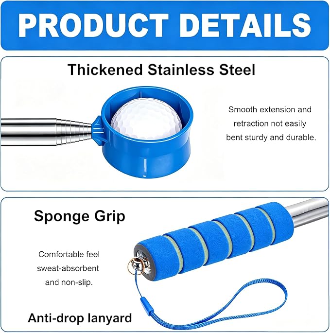 Golf Ball Retriever Telescopic, 9Ft Golf Ball Retriever for Water, Professiona Stainless Steel Ball Retriever Tool Golf, Light Weight Double Sided Golf Ball Grabber, Golf Accessories Gifts