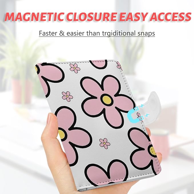 Passport Holder, Cute Travel Wallet Cover with RFID Blocking,Posy | PU leather travel wallet with magnetic closure, card slots, pen loop, and easy access for passports and essentials.