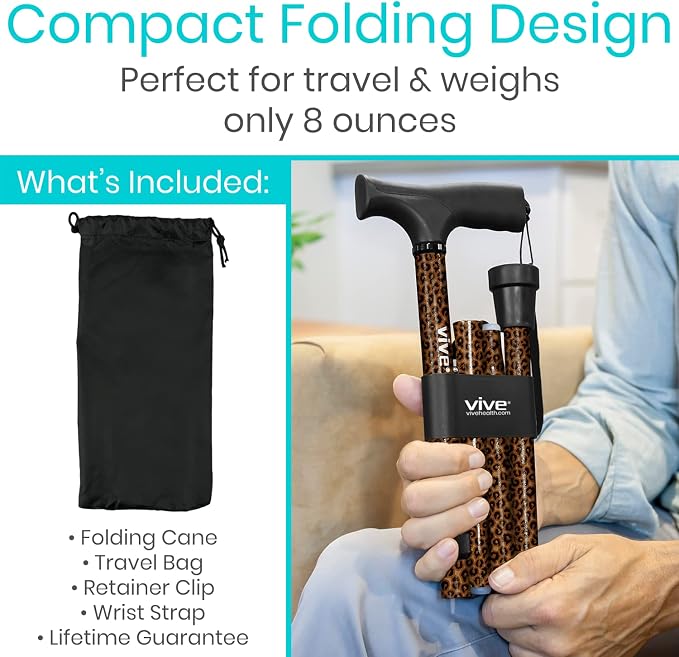 Vive Folding Cane - Foldable Walking Cane for Men, Women - Fold-up, Collapsible, Lightweight, Adjustable, Portable Hand Walking Stick - Balancing Mobility Aid - Sleek, Comfortable