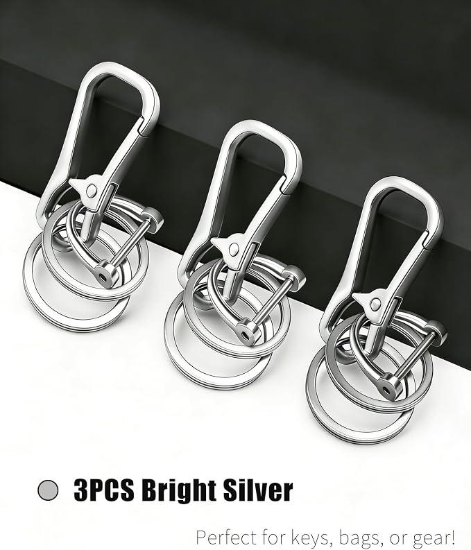 Metal Key Chain Carabiner Clip with Key Ring and D Ring | Heavy duty build, full accessory packs, quick release, multi purpose hook, belt loop holder, separate home and car fob sets