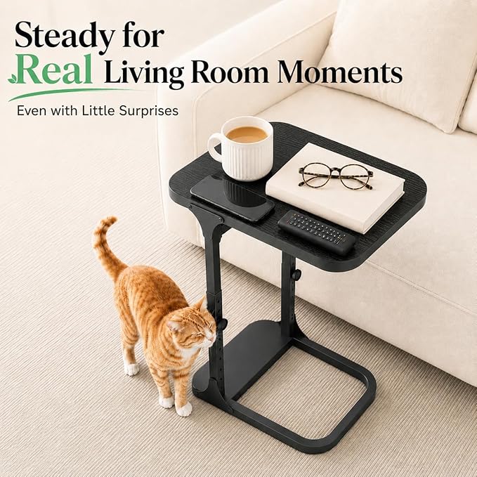 Kitstorack Height Adjustable End Table 2 Pack, Small Side Table for Couch, Sofa Table with Metal Frame for Living Room, Bedroom, Bedside C Shaped Table,Black