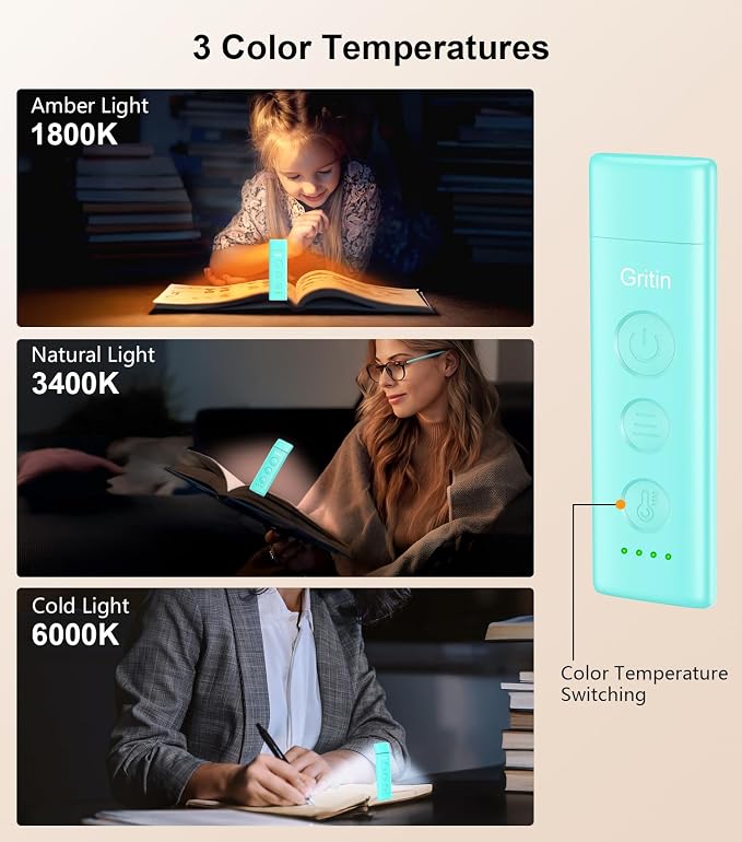 Gritin Book Light Rechargeable, Clip on LED Reading Light for Books in Bed | Eye Caring 3-Color & 5-Brightness, Stepless Dimming, Long Lasting, Compact Size Flexible Book Lamp for Bookworms-Blue