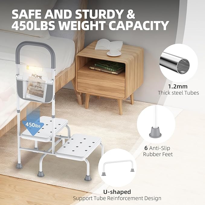 2 Step Stool with Handle for Elderly Heavy Duty Bed Steps for High Beds for Adults Two Step Stools for Seniors with Adjustable Handrail Non-Skid Platform LED Light Foot Stool for Kitchen Room (White)