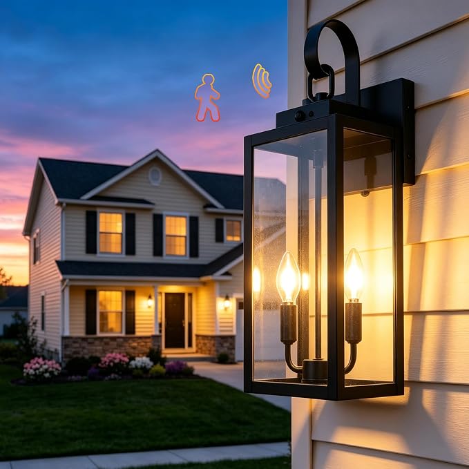20 Inch Motion Sensor Dawn to Dusk Outdoor Sensor Light Fixture Anti-Rust Exterior Wall Lighting Waterproof Outdoor Wall Lantern for Porch Patio Front Door Garage