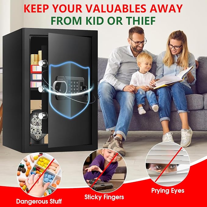 3.4 Cuft Large Home Safes Water and Fireproof with Digital Keypad & Key Lock, Security Safes for Home with DIY Removable Shelf, Anti-Pry Safe Box for Money Documents Jewelry, 19.69"H x13.78"W x 12.2"D