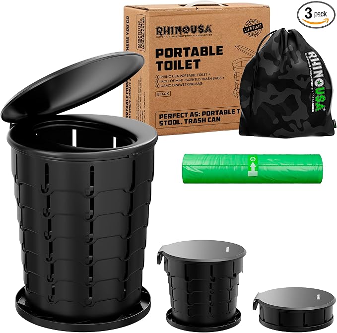 Rhino USA XL Portable Toilet for Camping (400lb Capacity) - Adjustable | Retractable, collapsible design. Adjustable height 4-16in. For adults & kids, camp, RV, boat or car use. Black