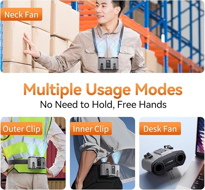 Doublepow 12000mAh Portable Waist Fan, Personal Waist Fan, Dual Air Ducts Motors, USB Rechargeable Clip On Belt for Working, 10 Speeds & 23H Wearable Neck Cooling, for Outdoor, Work, Travel (Gray)