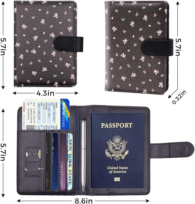 Melsbrinna Rfid Passport Holder for Travel women/Men, Cute Passport Wallet Rfid Blocking Card Slots, Rfid Passport Cover/CaseTravel Wallet, Passport Book Holder (1, floral black)