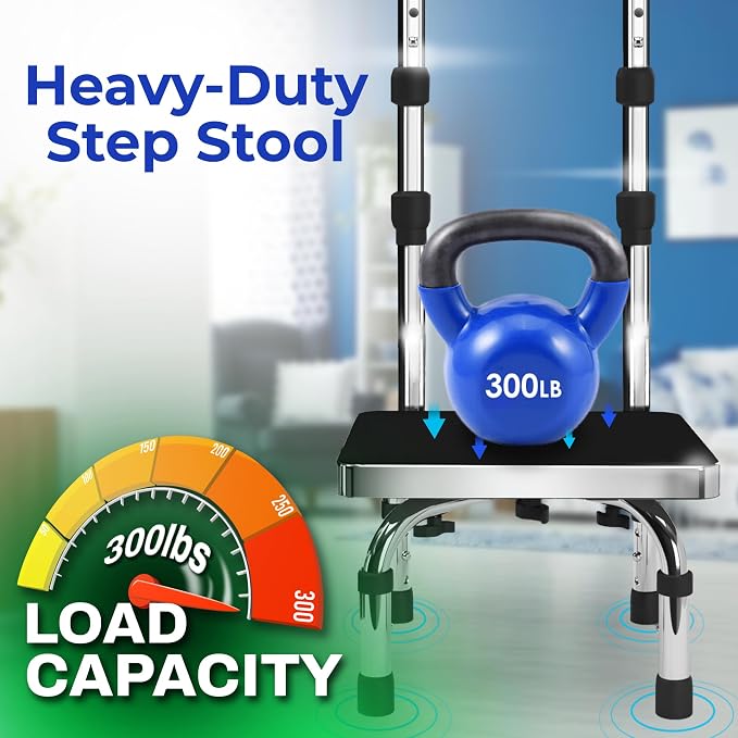 Step Stool with Handle for Elderly (300 lbs. Capacity), Adjustable Step Stools for Adults with Handrail, Non-Slip Heavy Duty Height Adjustable and Steel Frame Platform for high beds