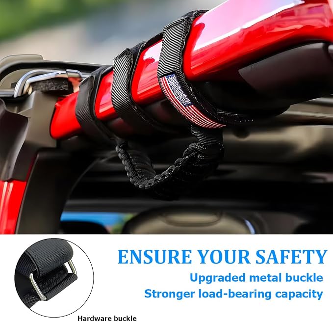 2PCS Car Roll Bar Grab Handles, Oxford Cloth American Flag ATV Paracord Grip Handle with Metal Buckle, Heavy Duty UTV Roll Cage Grab, Compatible with Wrangler JL, JT, JK (Black)