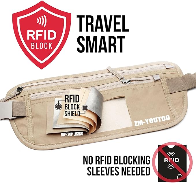 ZM-YOUTOO Money Belt for Travel - Hidden Travel Pouch Protect Your Credit and Money With RFID Blocking Passport Holder Waist Wallet (Khaki)