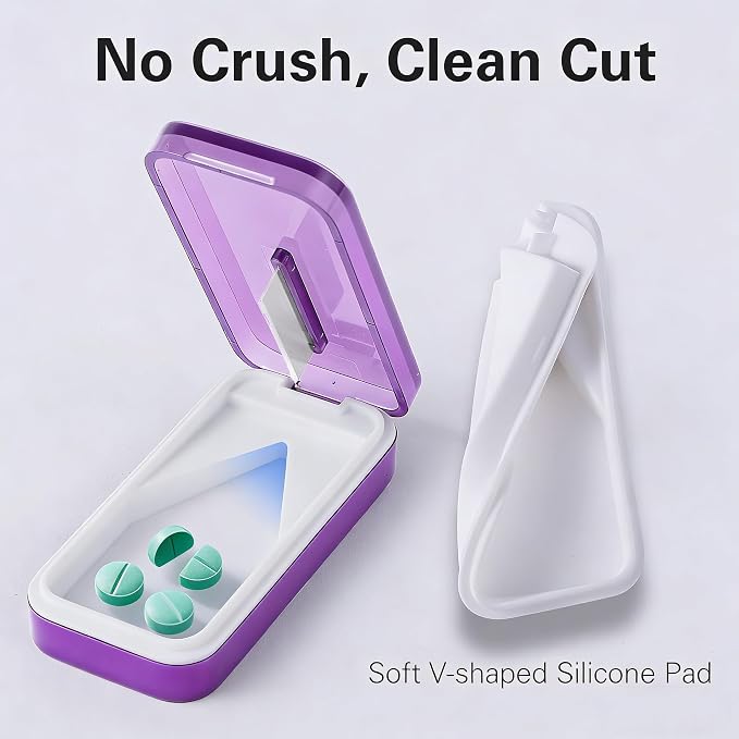 BUG HULL Pill Cutter with Removable Silicone Pad, Slim Pill Splitter, Pill Cutter Splitter for Small and Tiny Pills, Pill Cutters for Small or Large Pills Professional- Purple