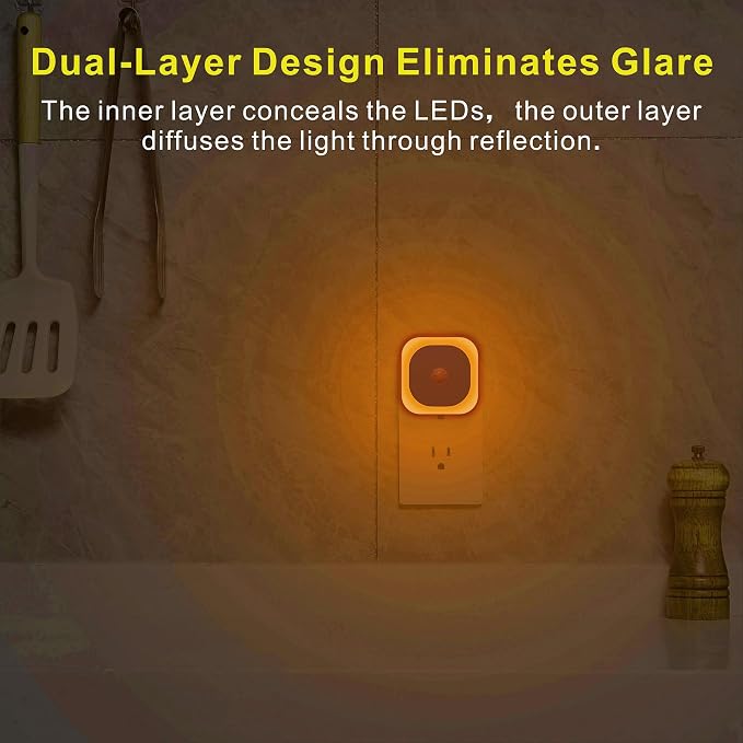 2 Pack Night Lights Plug into Wall, Motion Sensor Nightlight, Amber | 3 Modes, Dimmable Reflected Glow, Dusk to Dawn Sensor, Plug in LED Lights for Kids, Bedroom, Sleep, Bathroom, Nursery, Kids