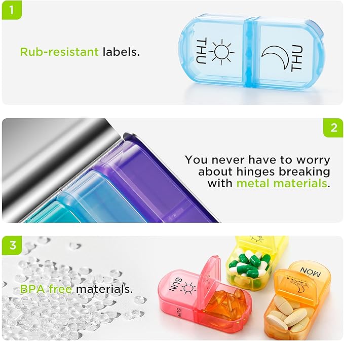 Zannaki Metal XL Weekly Pill Organizer 2 Times a Day, Large Travel Daily Pill Box 7 Day, Portable Week Twice Pill Holder Container, AM PM Pill Case for Medicine Vitamin Medication Supplement, Pink