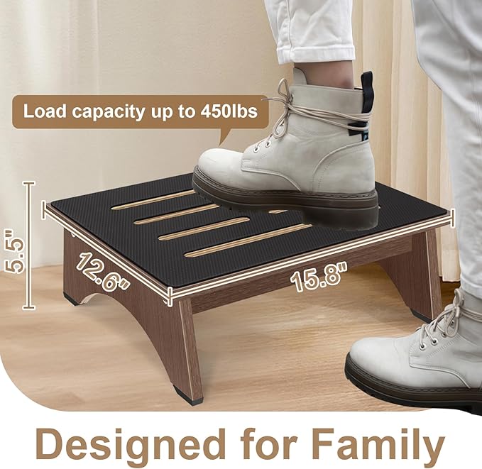 One Step Stool for Adults Seniors with Non-Slip Rubber Stepping Surface, 5.5" Portable Single Wooden Riser, 450 LBS Capacity for Bedroom Kitchen Bathroom, or Bedside, Senior Support (Brown)
