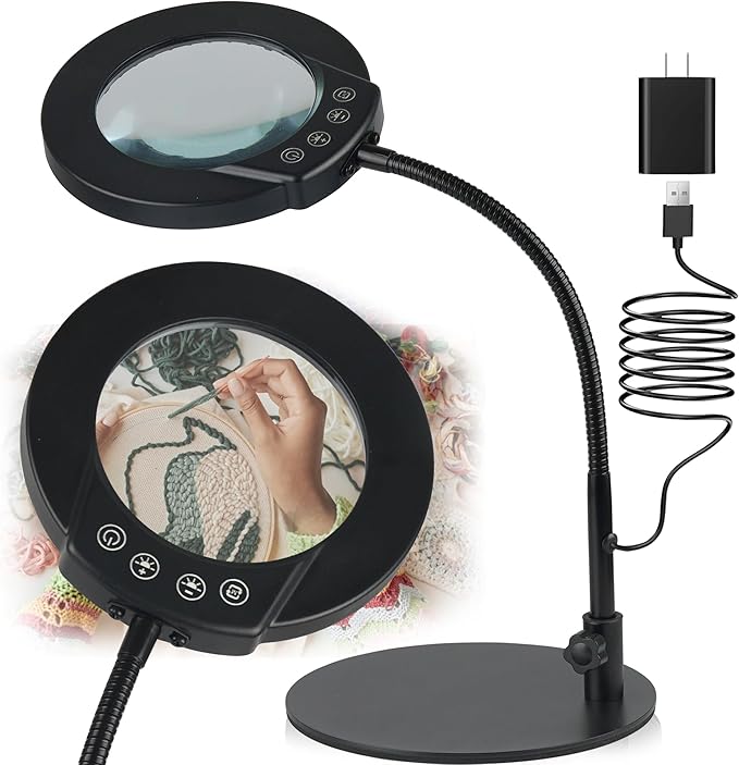 Magnifying Glass with Light and Stand 10X, 5 Color Modes Dimmable LED Lighted Desk Lamp, Hands Free Flexible Gooseneck Magnifier with Light for Reading Craft Hobby Painting Sewing Close Work Seniors