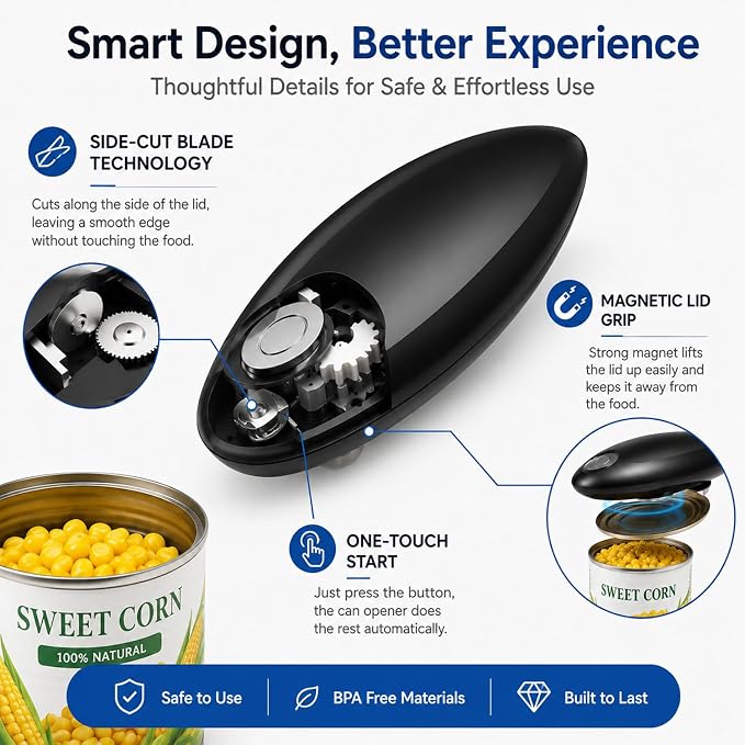 Electric Can Opener for Seniors, One-Touch Battery Operated, Smooth Edges | Fits most round cans with hands-free operation. Easy for seniors and people with arthritis or limited hand strength.