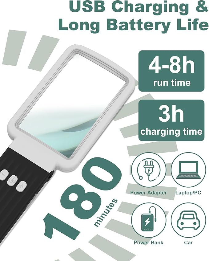 15X Magnifying Glass with Light and Stand, Rechargeable Folding Handheld Real Glass Magnifier, 3 Color Modes Dimmable Lighted Page Magnifying Sheet for Seniors Low Vision Small Prints