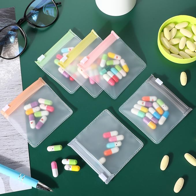 Sherr 35 Pcs Pill Pouch Bags with Zipper Pill Pouch Set Travel Reusable Translucent Medicine Organizer Self Sealing Plastic Bag with Slide Lock for Storage(Stylish Morandi,3 x 3 Inch,Blank Style)