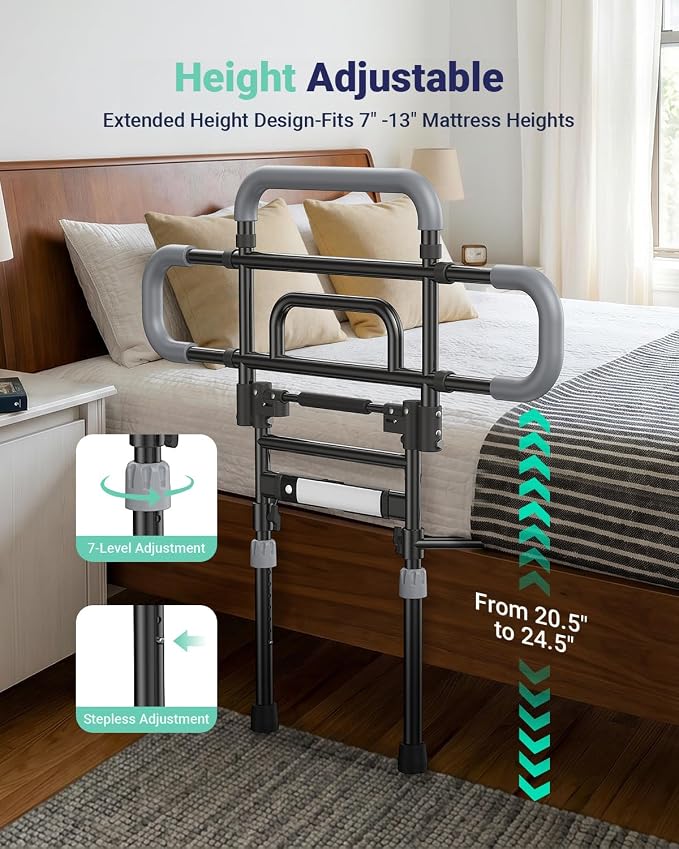 Bed Rails for Elderly Adults Safety, 180° Foldable Bed Rail with Adjustable Height & Width, 350lb Load, Extra-High Design, Wide Base, LED Light & Storage Pockets – Fits King/Queen/Full/Twin Beds