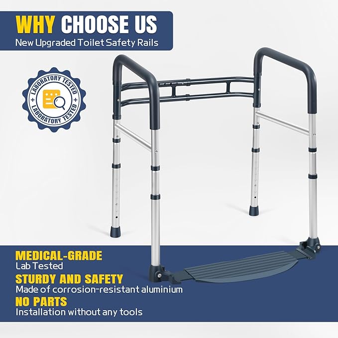 Toilet Safety Rails with Footrest, Folding & Portable Bathroom Toilet Handles for Elderly, Seniors, Handicap & Disabled, Adjustable Toilet Safety Frame Fit Any Toilets (350 LB)