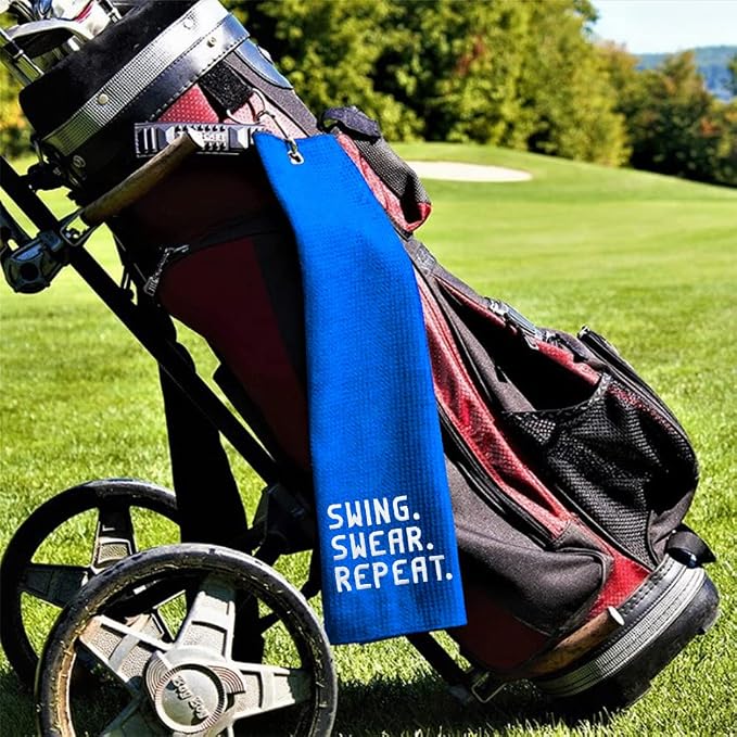DYJYBMY Swing Swear Repeat Blue Golf Towel with Clip, Funny Golf Accessories for Men Women, Father's Day Birthday Appreciation Gifts for Grandpa Dad Uncle Husband, Retirement Golfing Gifts for Family