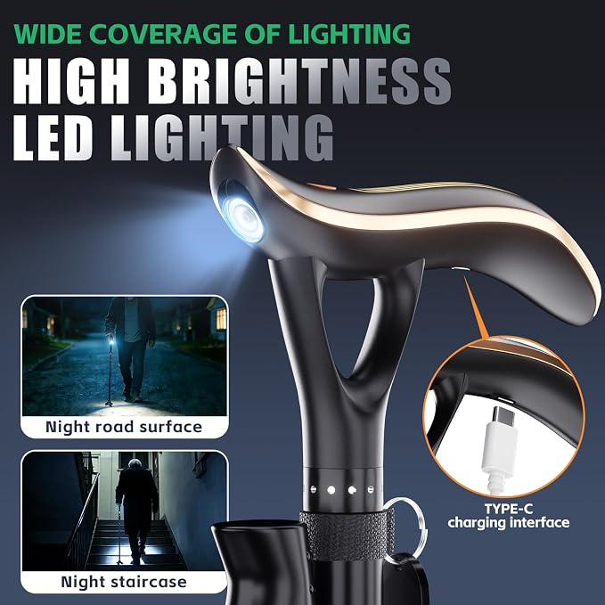Hold 440 lbs Walking Cane for Seniors Aluminum Alloy Lightweight Height Adjustable Walking Stick Heavy Duty Foldbale Free Standing Cane with LED for Men and Women Adults