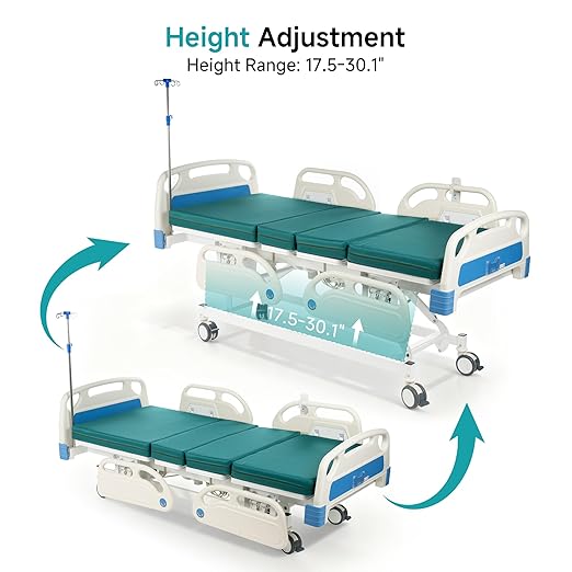 ELENKER Full Electric Hospital Bed for Home Use, ICU Medical Bed, Premium 5 Function Hospital ICU Bed with Remote Control, IV Pole, Mattress, 5-Inch Lockable Quiet Casters, Includes Sheets (2X)