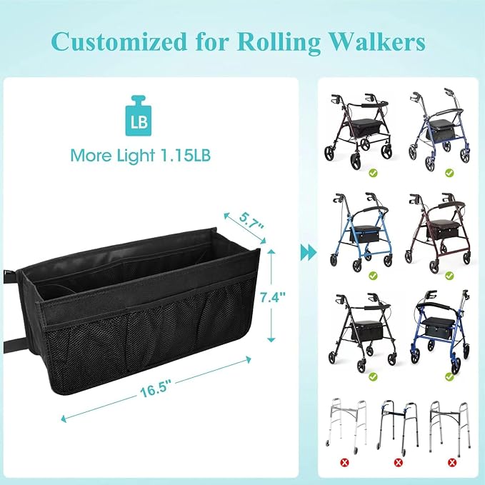 Dotday Rollator Basket, Rollator Walker Bag with Cup Holder | Folding Rollator Walker Storage Bag, Easy to Use Rollator Accessories for Seniors, Big Capacity & Never Tipping Over