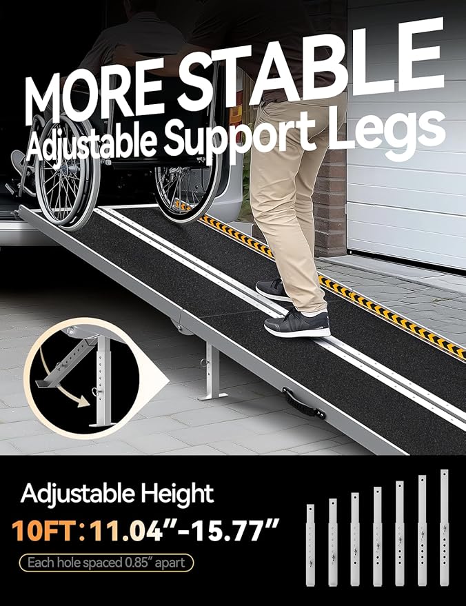 FACHNUO 10 Feet Portable Wheelchair Ramp with Support Legs, Non-Skid Aluminum Handicap Ramps, Folding Threshold Wheel Chair Ramp for Home Steps, Stairs, Entry, Threshold, Doorways, 800LBS Capacity