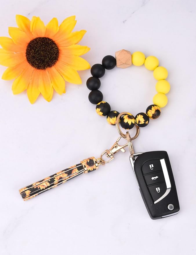 BAOSIWA Silicone Beaded Bracelet Keychain Wristlet Key Ring Bangle Chains for Women with Leather Tassel