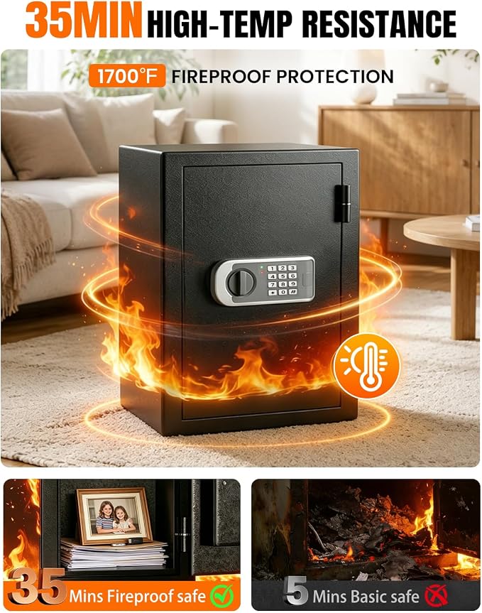 𝐔𝐩𝐠𝐫𝐚𝐝𝐞𝐝 𝟐𝟎𝟐𝟔 Fireproof Safe Box| 𝟏𝟕𝟎𝟎°𝐅 𝟑𝟓-𝐌𝐢𝐧 Protection| 2.8 Cuft Fire Proof Digital Home Safes with Smart Alarm System, Bolt-Down Design| for Documents Jewelry Electronics