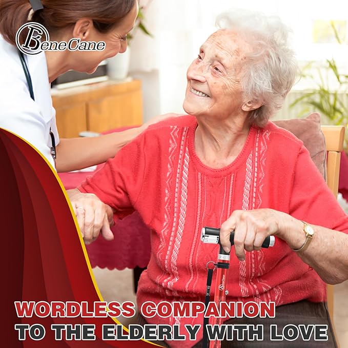 BeneCane Walking Cane for Women Folding Cane for Men with Two Led Lights Quad Cane with Stable Base Lightweight and Adjustable Walking Stick