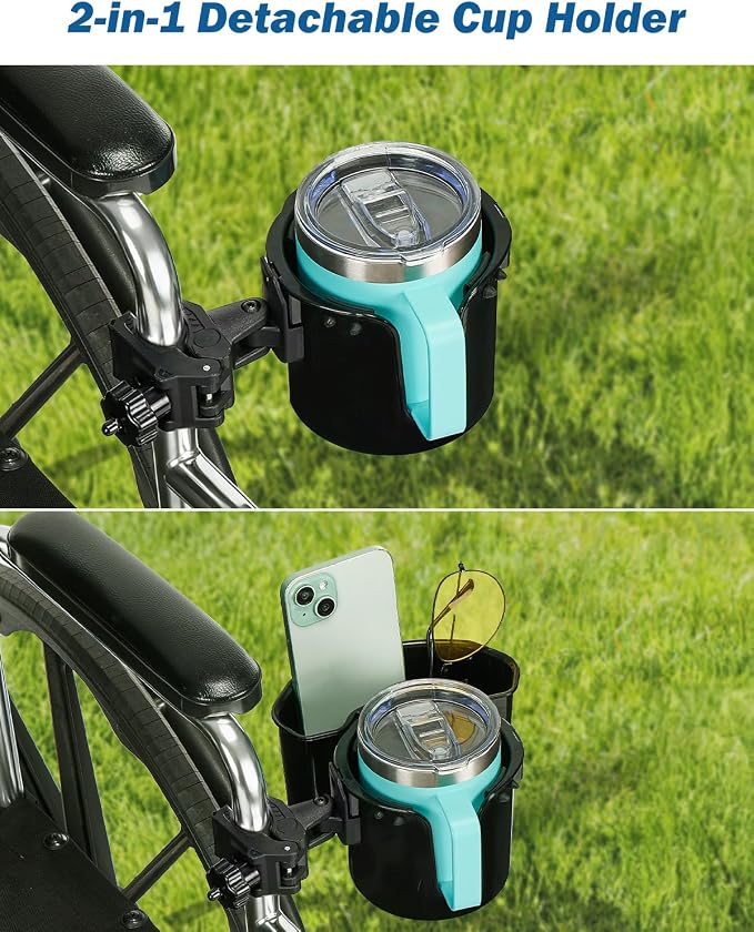 JOYTUTUS Wheelchair Cup Holder 2 Pack, 2-in-1 Walker Cup Holder with 6.4'' Storage Box, Drink Holder for Bottle with Handle, Fit for Wheelchair, Walker, Rollator, Stroller, Camper, Golf cart (Large)