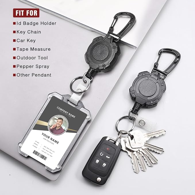 Badge Holder Retractable Clip Heavy Duty Carabiner Badge Reel Keychain with Id Cards Holder Cool Tactical ID Holder (2 Holders and 2 Badge Reels Black # 04)