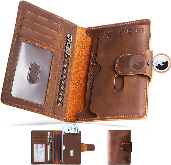 Passport Wallet for Men, Full Grain Leather Passport Holder, AirTag Slot | 2-3 Passport Capacity, Slim Design for Travel, Multiple Pockets, Magnetic Closure, RFID Blocking, Zippered Coin Pocket, Brown