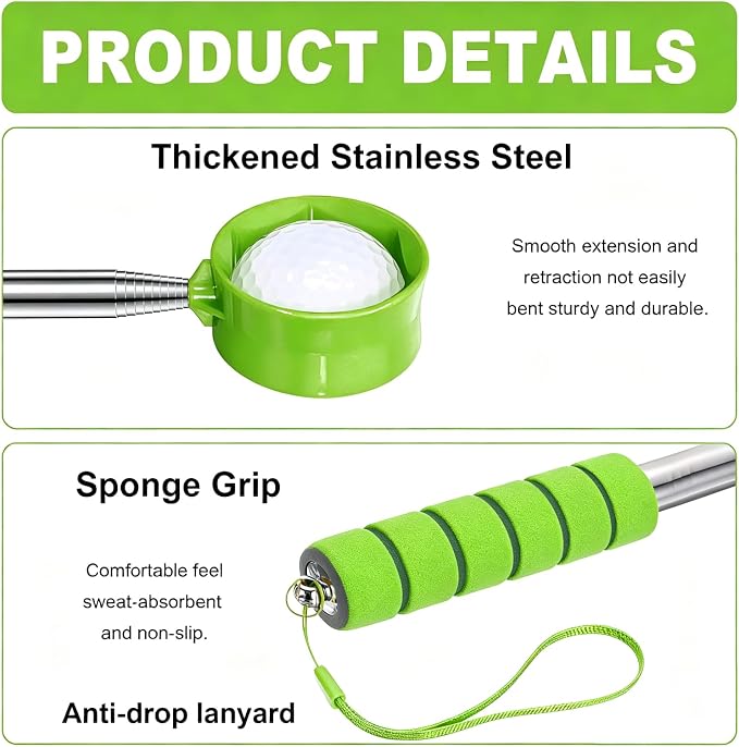 Golf Ball Retriever Telescopic, 9Ft Golf Ball Retriever for Water, Professiona Stainless Steel Ball Retriever Tool Golf, Light Weight Double Sided Golf Ball Grabber, Golf Accessories Gifts