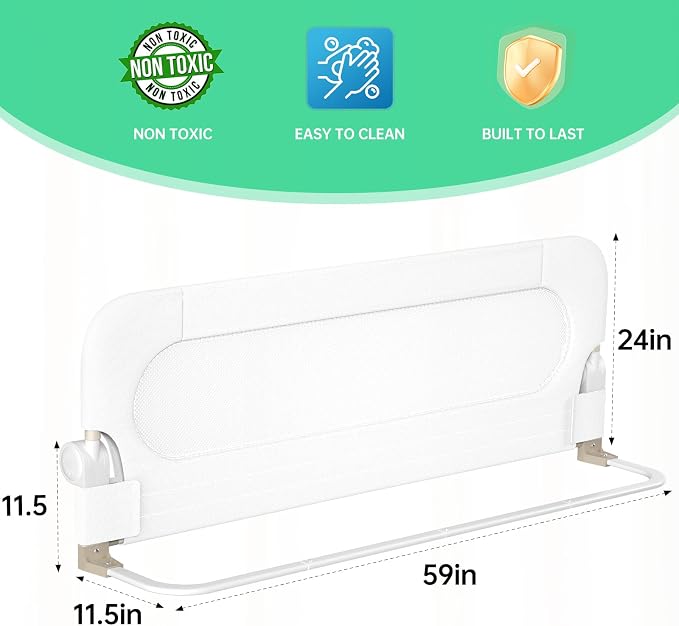 UPGOGO Folding Bed Rail for Toddlers, White, 59" L x 23.6" H | U-shaped base，Reinforced Anchors, Built-in Sponge , Secure lock