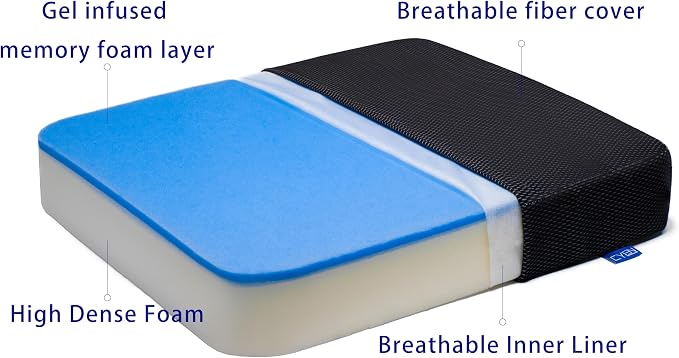 Ifoam Gel Infused Memory Foam Layer Wheelchair Cushion - Seat Cushion for Wheelchair-Office Chair, Kitchen Chair-Pressure Sore and Tailbone Pain Relief-High Dense Polyfoam Base (Black, 16×16×3 inch)