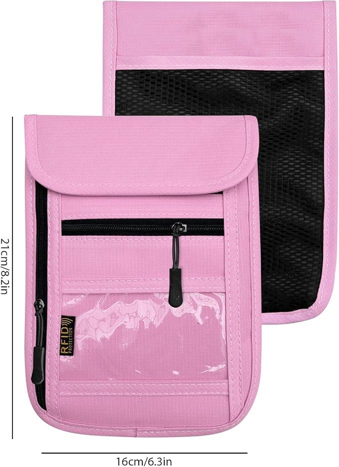 RFID Blocking Travel Neck Wallet Pouch and Passport Holder, Travel Neck Pouch Passport Holder for Women & Men - Pink
