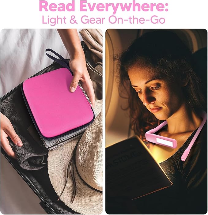 Pink Neck Light with Storage Case, 10-80Hrs Eye-friendly Book Reading Lamp, Knitting Crochet Sewing Craft Light Rechargeable Adjustable, Christmas Birthday Gifts for Book Lovers Knitters Crafters