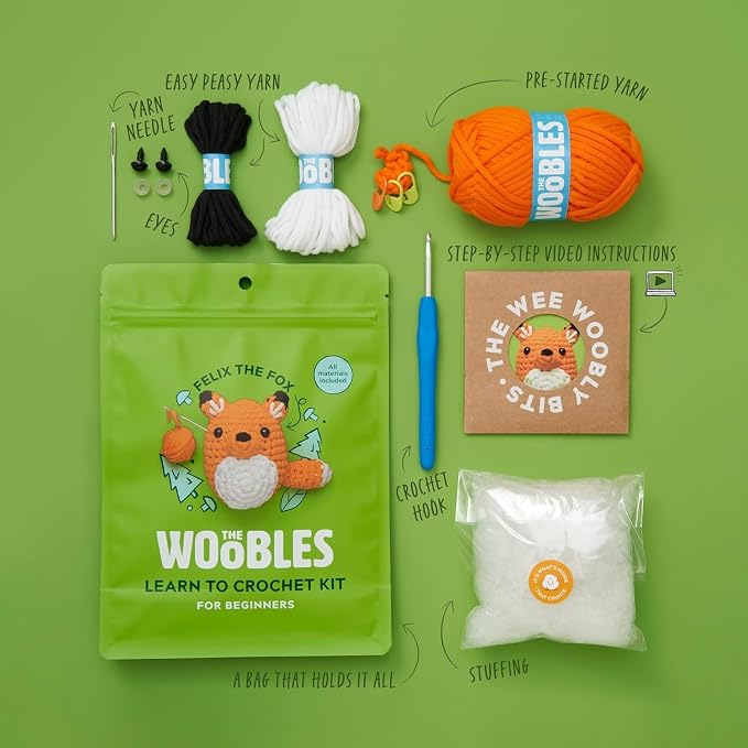 The Woobles Amigurumi Crochet Kit for Beginners (Felix the Fox) | As seen on Shark Tank, Kit includes: Easy Peasy Yarn, pre-started piece, hook, safety eyes, stuffing, video tutorials