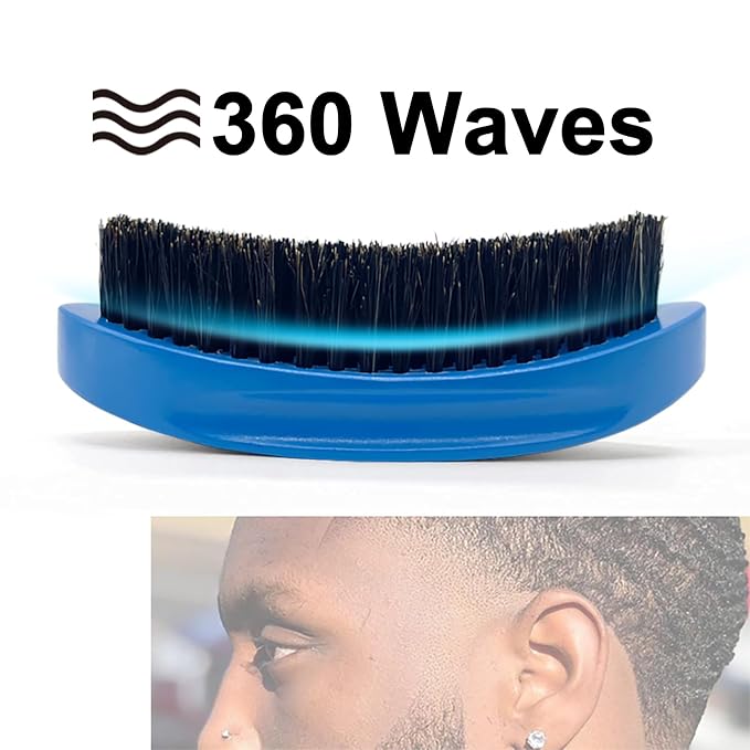 Wave Brush 360 Degree Curved for Men - Medium Hard Hair Brushes | Natural Palm Brush Boar Bristles with Firm Nylon for Wavy Hair Routine Brushing (Blue)