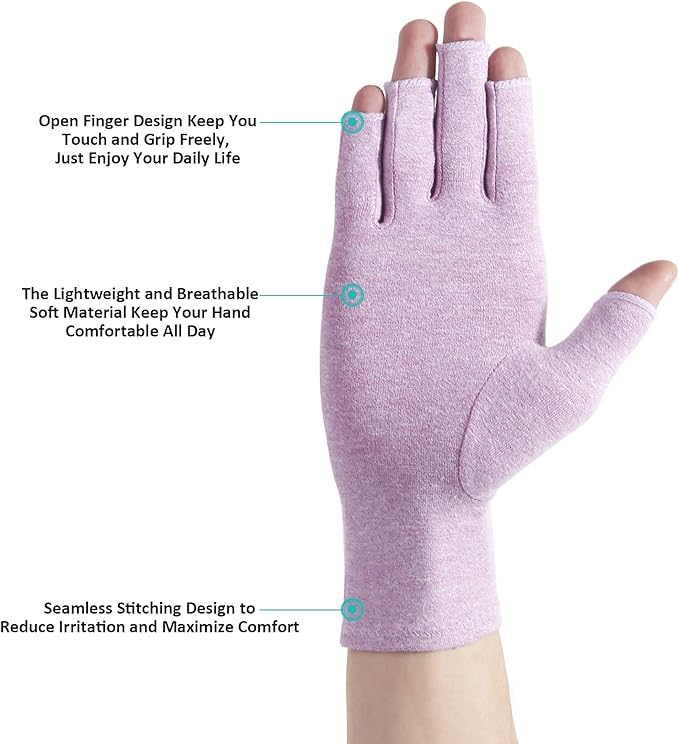 2 Pairs Arthritis Gloves Fingerless Compression Gloves for Relieve Hand Pain, Rheumatoid, Osteoarthritis, Tendonitis, Carpal Tunnel for Women and Men to Daily Work (Purple, Small)
