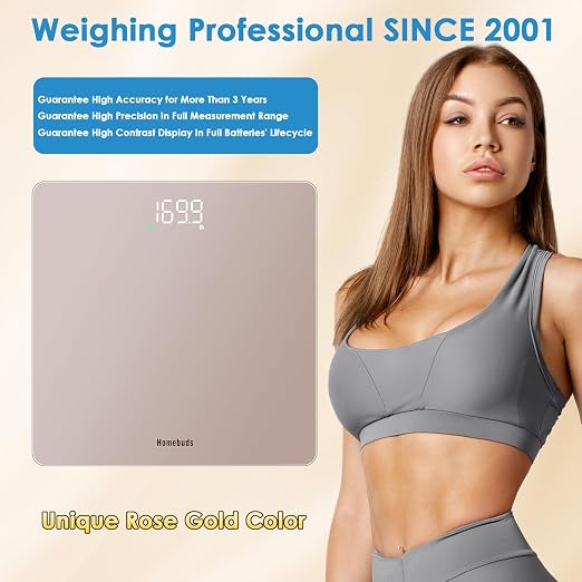 Homebuds Smart Scale for Body Weight, Precision 0.1lb by Our Professional Factory Since 2001, Digital Weight Scale Step-On and Bright LED, App Sync with Weights and BMI, 400lb/182kg, Rose Gold