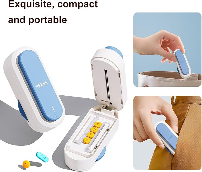 Pill Cutter Splitter for Small and Tiny Larger Pills. |ONE Button Easy Push Accurately Cuts Multiple Pills at Once. Sharp Blade with Safety Guard. Non-Slip Silicone Edge (Blue)