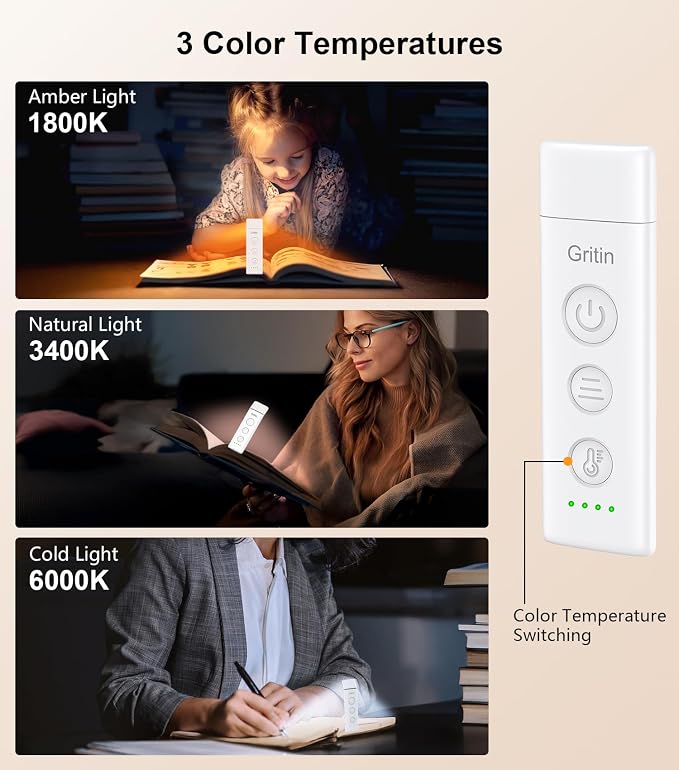 Gritin Book Light Rechargeable, Clip on LED Reading Light for Books in Bed | Eye Caring 3-Color & 5-Brightness, Stepless Dimming, Long Lasting, Compact Size Flexible Book Lamp for Bookworms