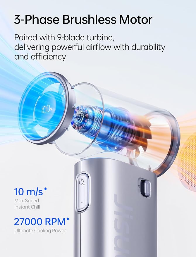 JISULIFE Handheld Fan Life9S - Sleek Chrome: Turbo Power, 22 Hours Cooling | LED Display, 5000mAh, 5-Speeds, Mini Portable Fan for Travel, Cruise, Concerts, Trendy Gifts for Women Men -Blue