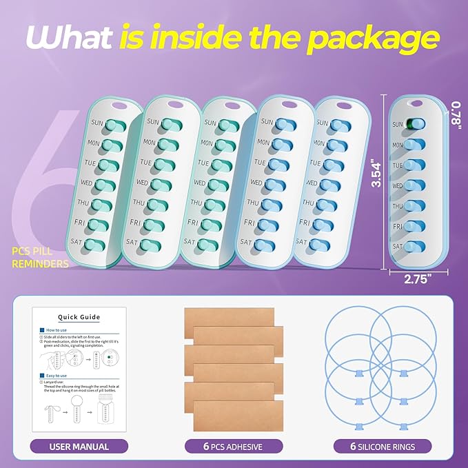 Odaro 6 Pack Pill Reminder, Lanyad or Sticker Pill Tracker, Work with Most Bottles, Reusable Medication Tracker Replacement of Vitamin Weekly (7 Day) Medicine Organizer
