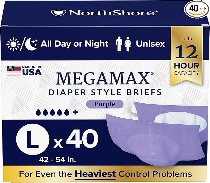 NorthShore MegaMax Made in USA 12-Hour HBL Adult Diapers for Heavy Bladder Leaks, Large, 40 Count, Purple, 42-54 inches, Tab-Style Incontinence Underwear for Men, Women & Teens